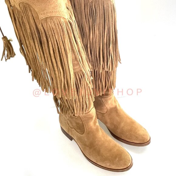Bohemian | Sam Edelman Over-the-Knee Fringe Boots | Camel Tan Suede Western Tall - Picture 7 of 15